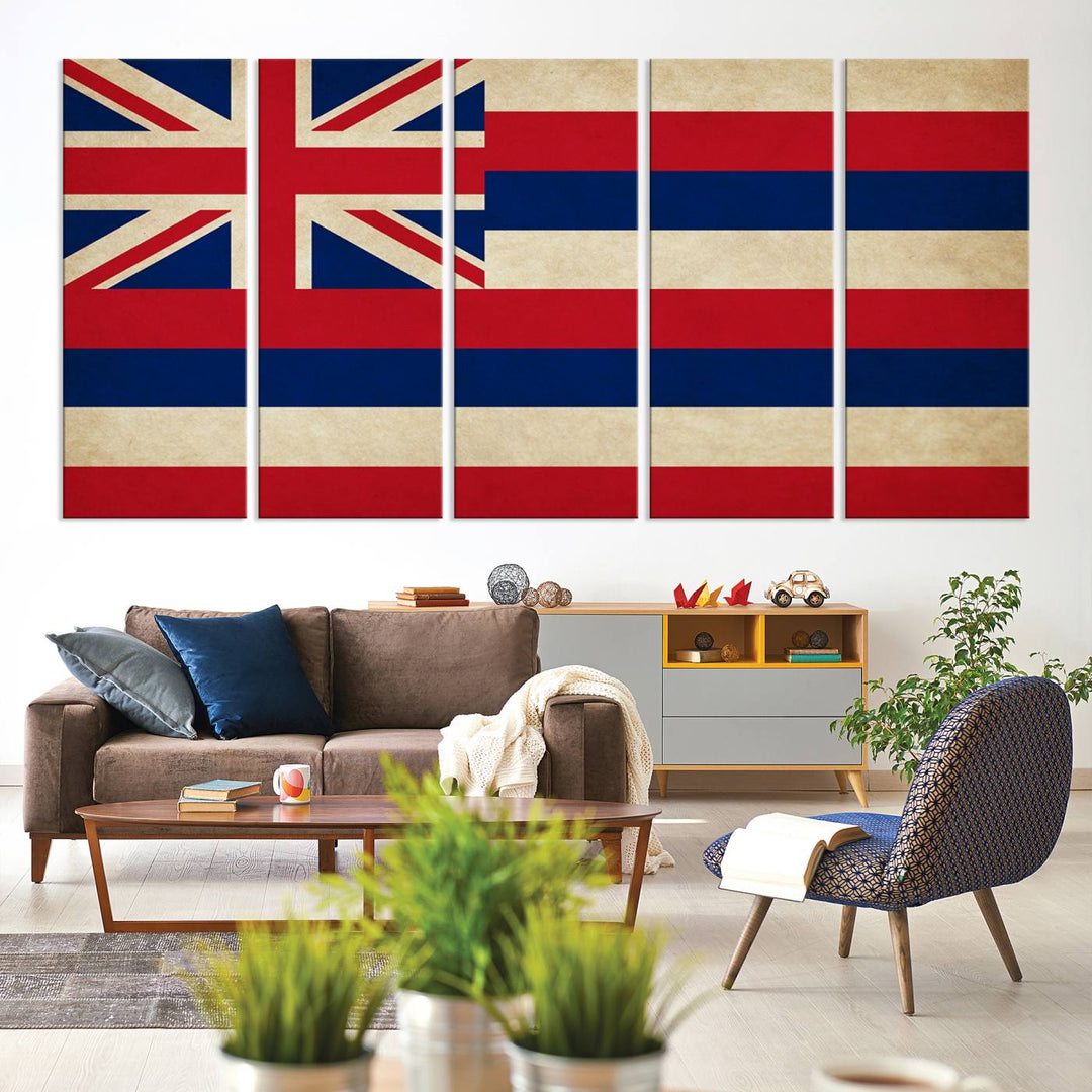 A stunning piece titled "Hawaii USA States Flag Wall Art Canvas Print" adorns the wall. This gallery-wrapped artwork is printed on museum-quality canvas and features a UV-protective coating, ensuring its vibrant colors remain timelessly beautiful.