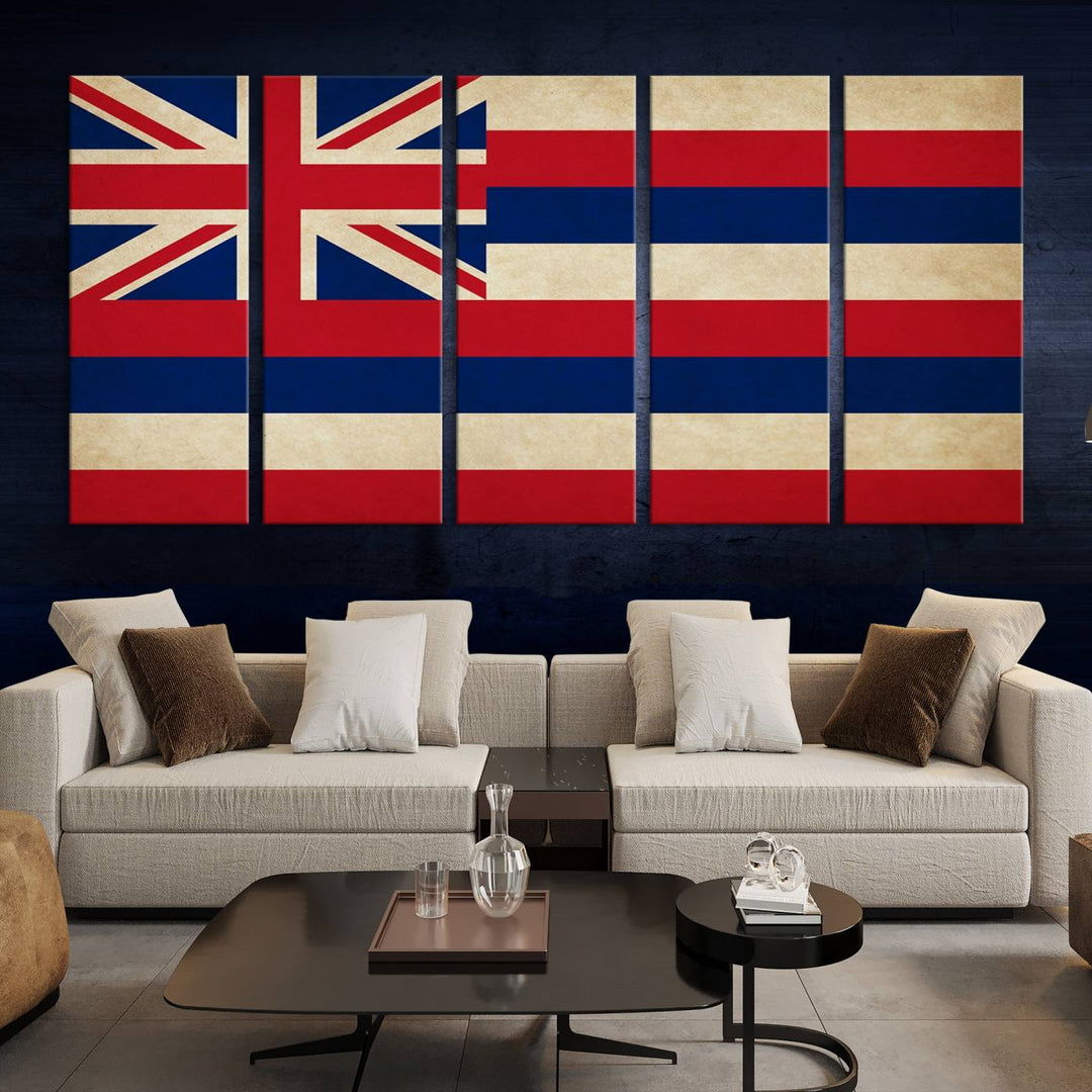 A stunning piece titled "Hawaii USA States Flag Wall Art Canvas Print" adorns the wall. This gallery-wrapped artwork is printed on museum-quality canvas and features a UV-protective coating, ensuring its vibrant colors remain timelessly beautiful.