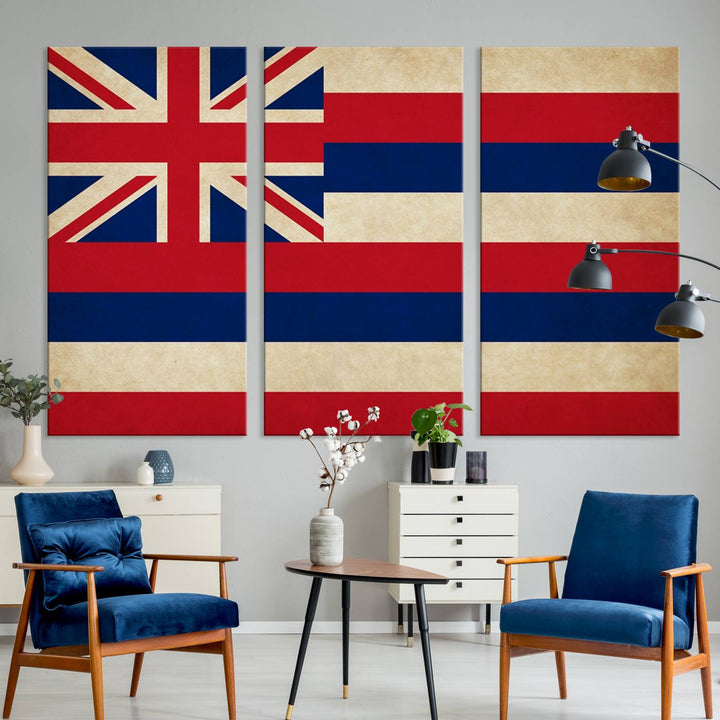 A stunning piece titled "Hawaii USA States Flag Wall Art Canvas Print" adorns the wall. This gallery-wrapped artwork is printed on museum-quality canvas and features a UV-protective coating, ensuring its vibrant colors remain timelessly beautiful.