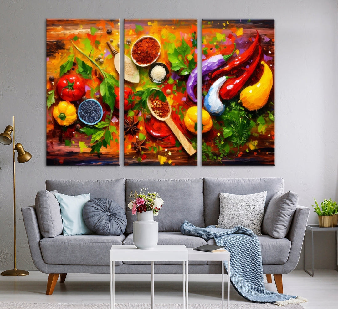 The "Herbs and Spices Culinary Art Foodie Kitchen Art" is a vibrant three-panel painting depicting various vegetables and spices on a wooden background, crafted on museum-quality canvas.