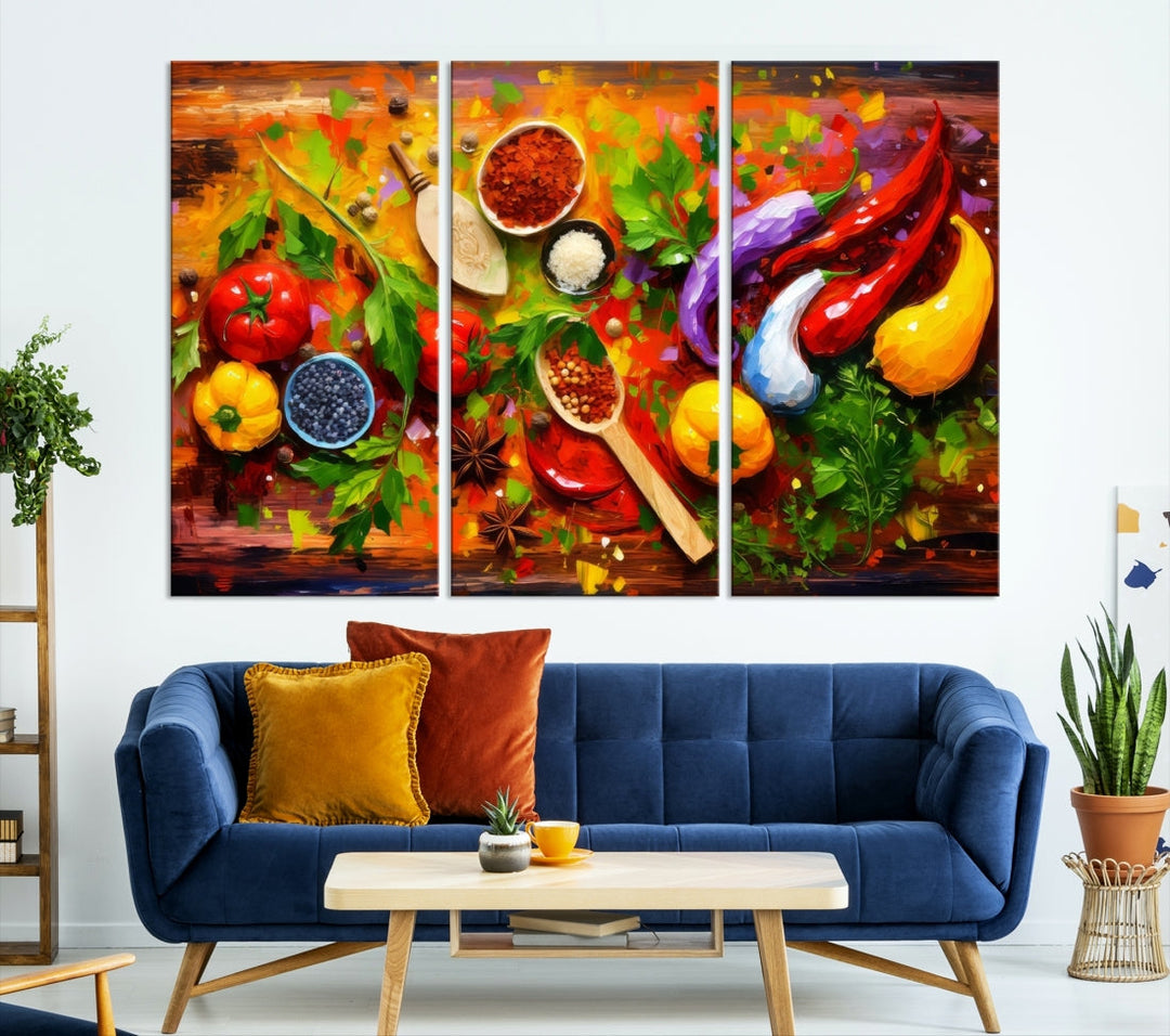 The "Herbs and Spices Culinary Art Foodie Kitchen Art" is a vibrant three-panel painting depicting various vegetables and spices on a wooden background, crafted on museum-quality canvas.