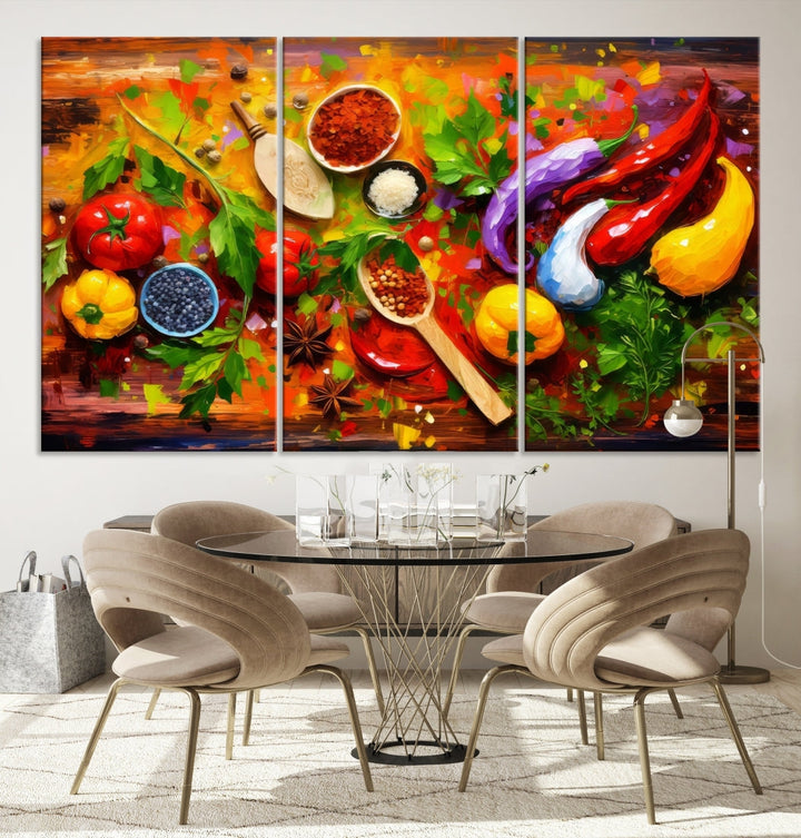 The "Herbs and Spices Culinary Art Foodie Kitchen Art" is a vibrant three-panel painting depicting various vegetables and spices on a wooden background, crafted on museum-quality canvas.