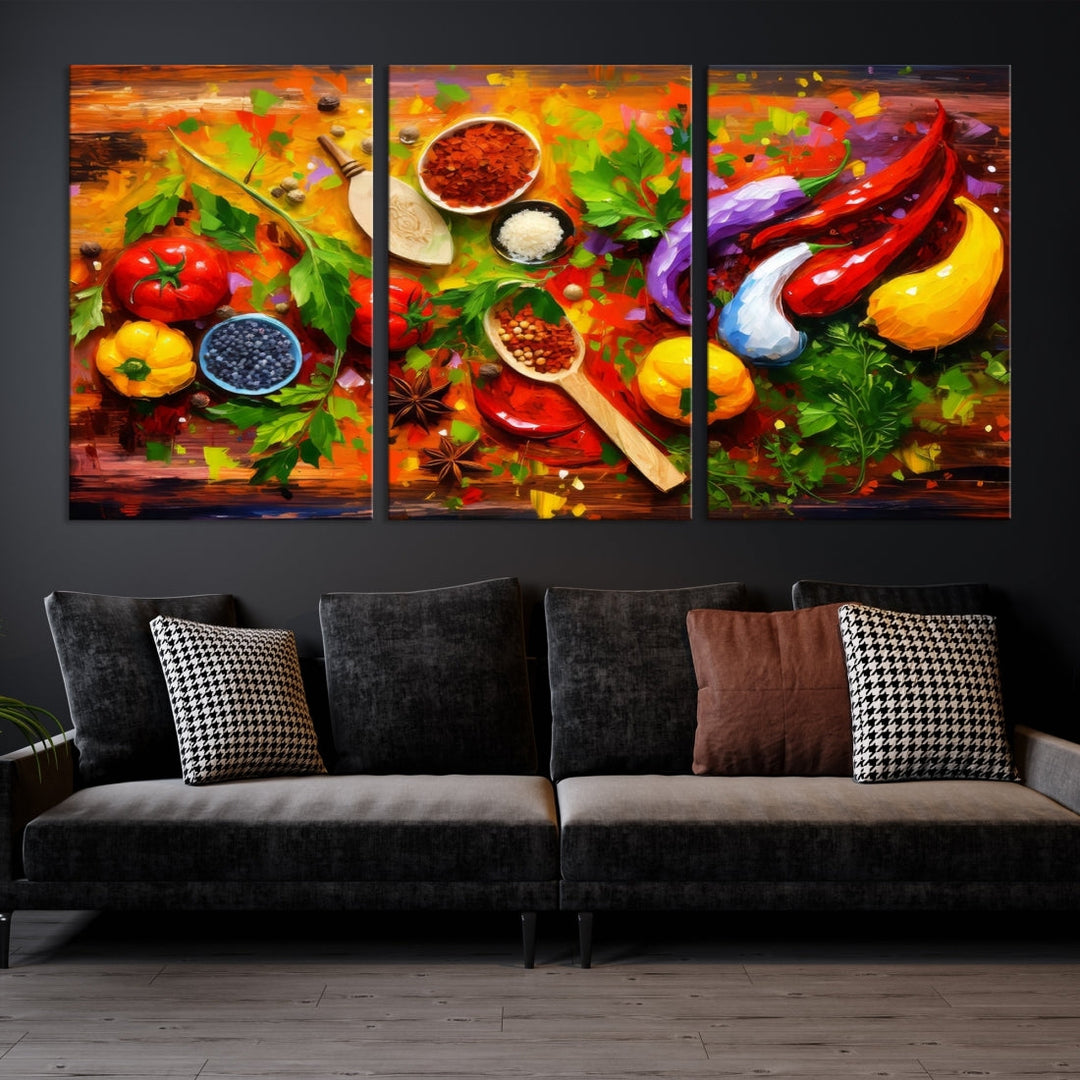 The "Herbs and Spices Culinary Art Foodie Kitchen Art" is a vibrant three-panel painting depicting various vegetables and spices on a wooden background, crafted on museum-quality canvas.