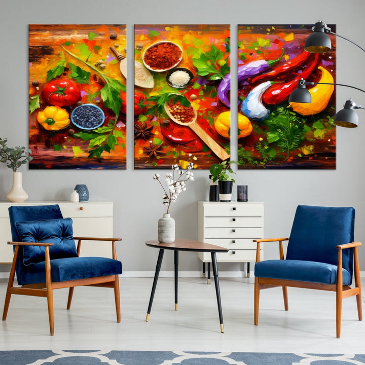 The "Herbs and Spices Culinary Art Foodie Kitchen Art" is a vibrant three-panel painting depicting various vegetables and spices on a wooden background, crafted on museum-quality canvas.