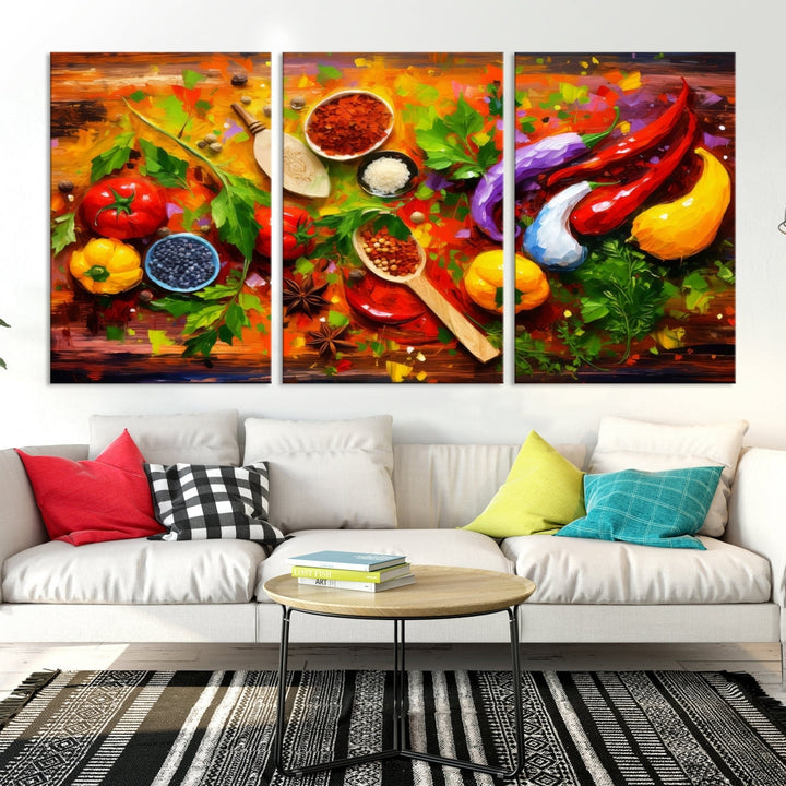 The "Herbs and Spices Culinary Art Foodie Kitchen Art" is a vibrant three-panel painting depicting various vegetables and spices on a wooden background, crafted on museum-quality canvas.