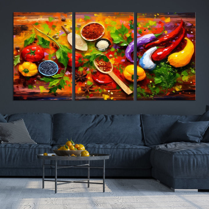 The "Herbs and Spices Culinary Art Foodie Kitchen Art" is a vibrant three-panel painting depicting various vegetables and spices on a wooden background, crafted on museum-quality canvas.