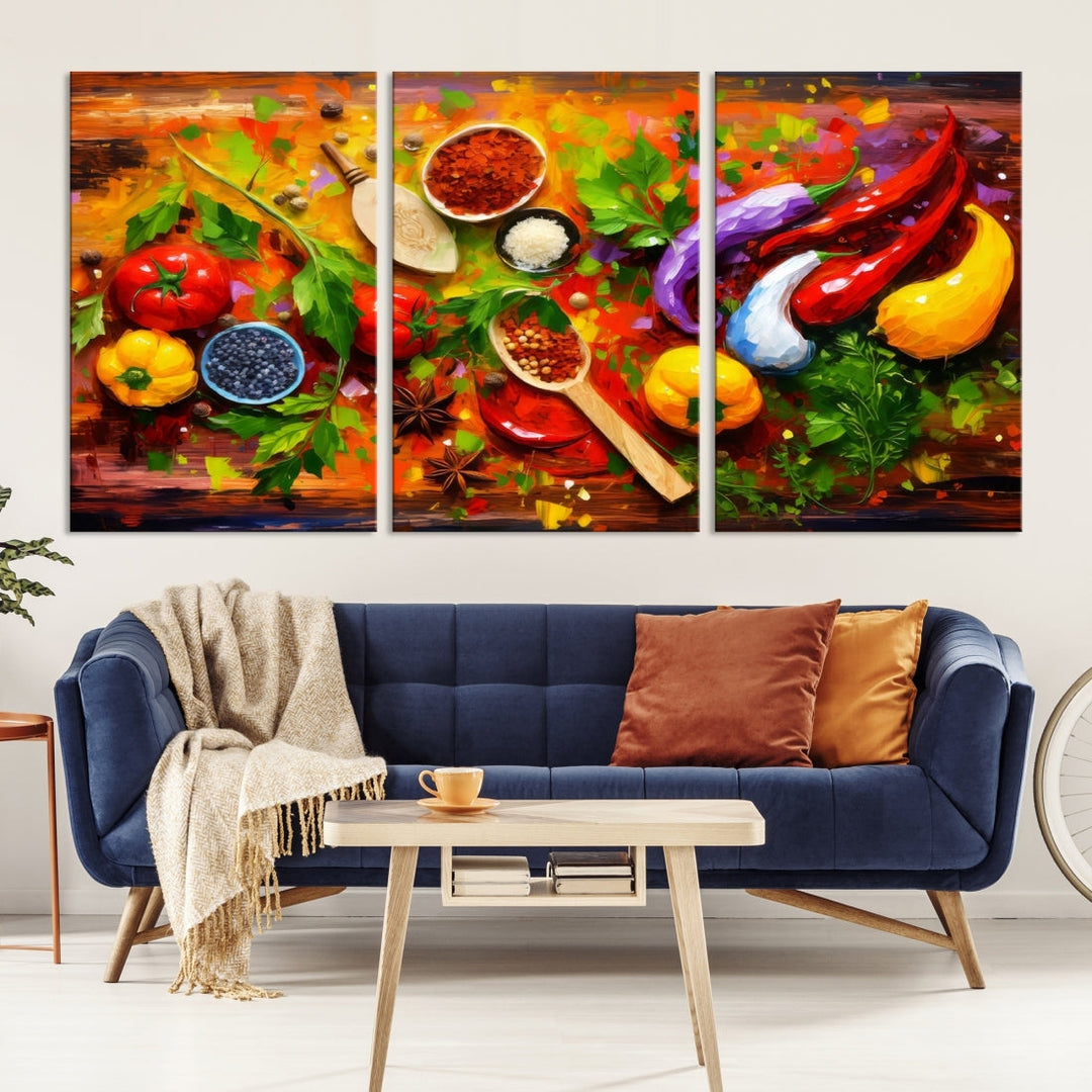 The "Herbs and Spices Culinary Art Foodie Kitchen Art" is a vibrant three-panel painting depicting various vegetables and spices on a wooden background, crafted on museum-quality canvas.