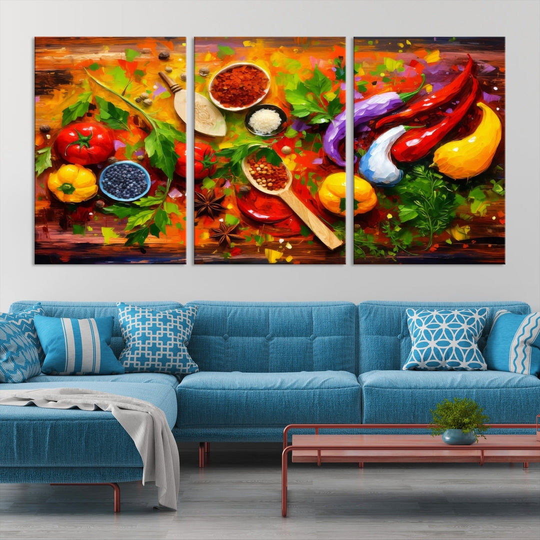 The "Herbs and Spices Culinary Art Foodie Kitchen Art" is a vibrant three-panel painting depicting various vegetables and spices on a wooden background, crafted on museum-quality canvas.