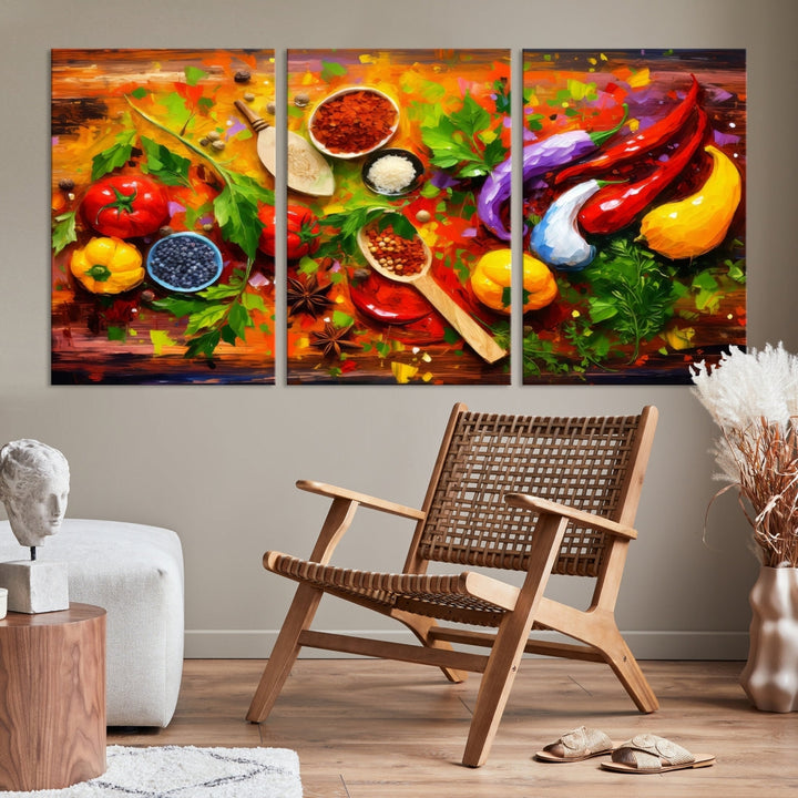 The "Herbs and Spices Culinary Art Foodie Kitchen Art" is a vibrant three-panel painting depicting various vegetables and spices on a wooden background, crafted on museum-quality canvas.