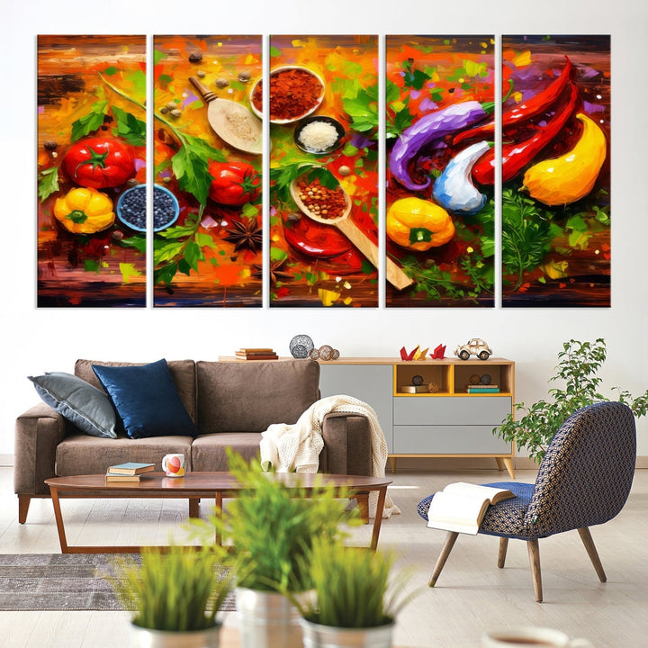 The "Herbs and Spices Culinary Art Foodie Kitchen Art" is a vibrant three-panel painting depicting various vegetables and spices on a wooden background, crafted on museum-quality canvas.