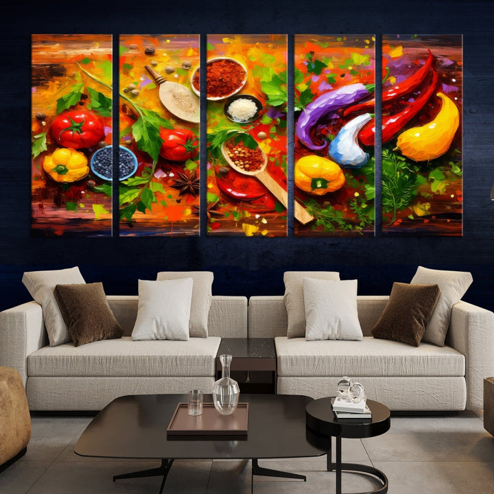 The "Herbs and Spices Culinary Art Foodie Kitchen Art" is a vibrant three-panel painting depicting various vegetables and spices on a wooden background, crafted on museum-quality canvas.