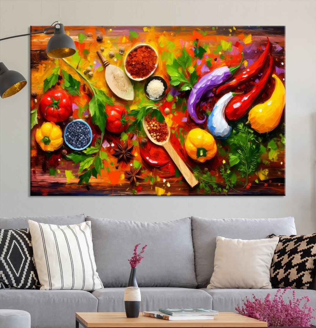 The "Herbs and Spices Culinary Art Foodie Kitchen Art" is a vibrant three-panel painting depicting various vegetables and spices on a wooden background, crafted on museum-quality canvas.