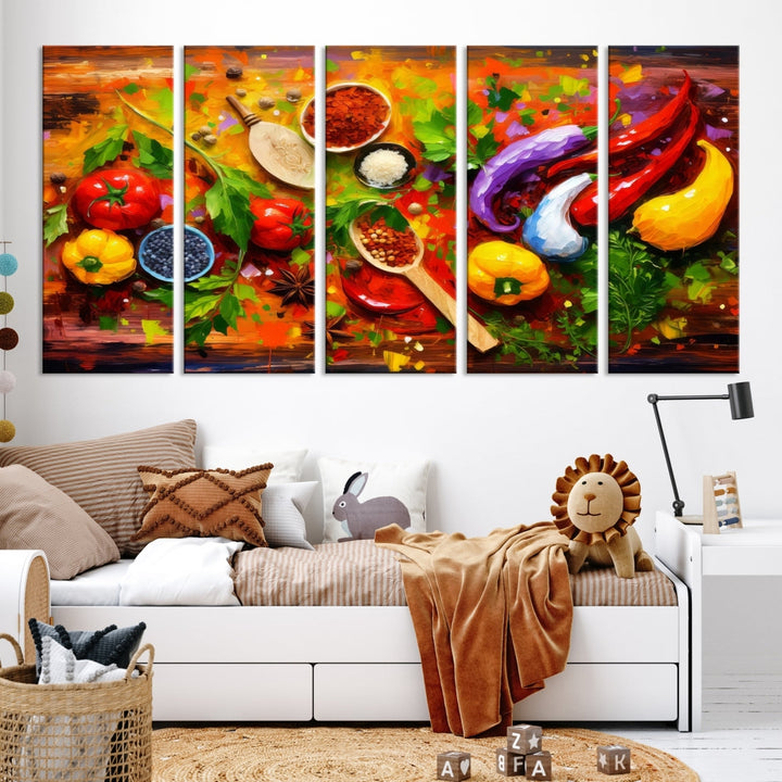 The "Herbs and Spices Culinary Art Foodie Kitchen Art" is a vibrant three-panel painting depicting various vegetables and spices on a wooden background, crafted on museum-quality canvas.