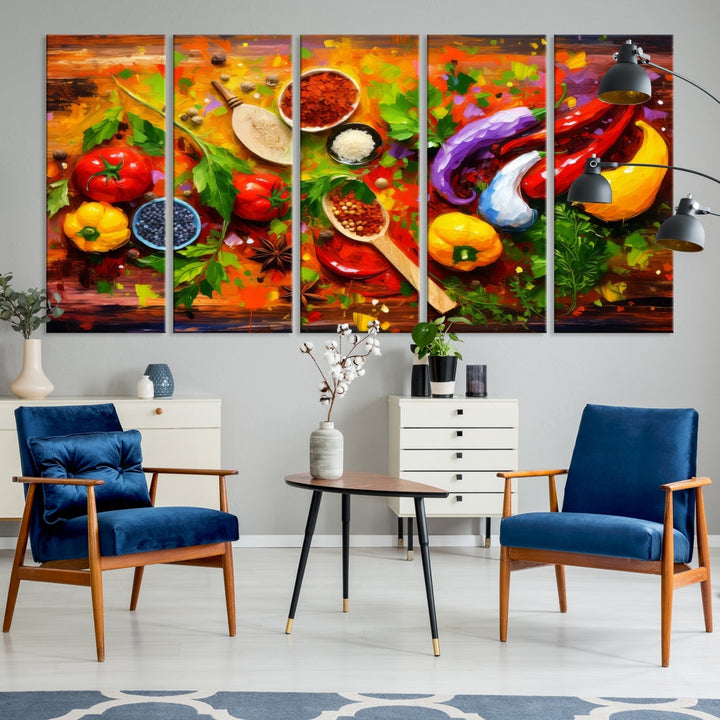 The "Herbs and Spices Culinary Art Foodie Kitchen Art" is a vibrant three-panel painting depicting various vegetables and spices on a wooden background, crafted on museum-quality canvas.