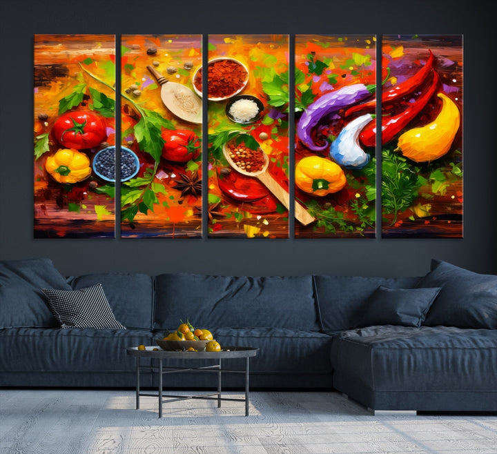 The "Herbs and Spices Culinary Art Foodie Kitchen Art" is a vibrant three-panel painting depicting various vegetables and spices on a wooden background, crafted on museum-quality canvas.