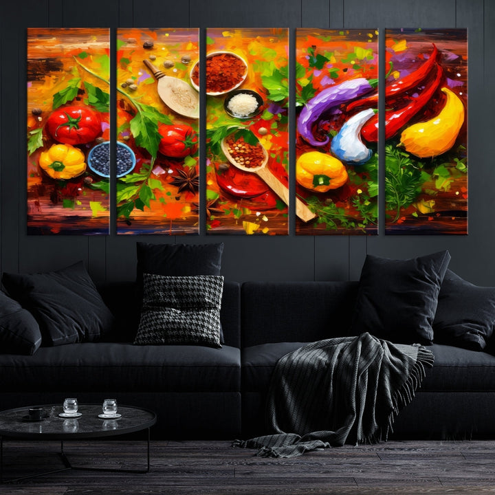 The "Herbs and Spices Culinary Art Foodie Kitchen Art" is a vibrant three-panel painting depicting various vegetables and spices on a wooden background, crafted on museum-quality canvas.