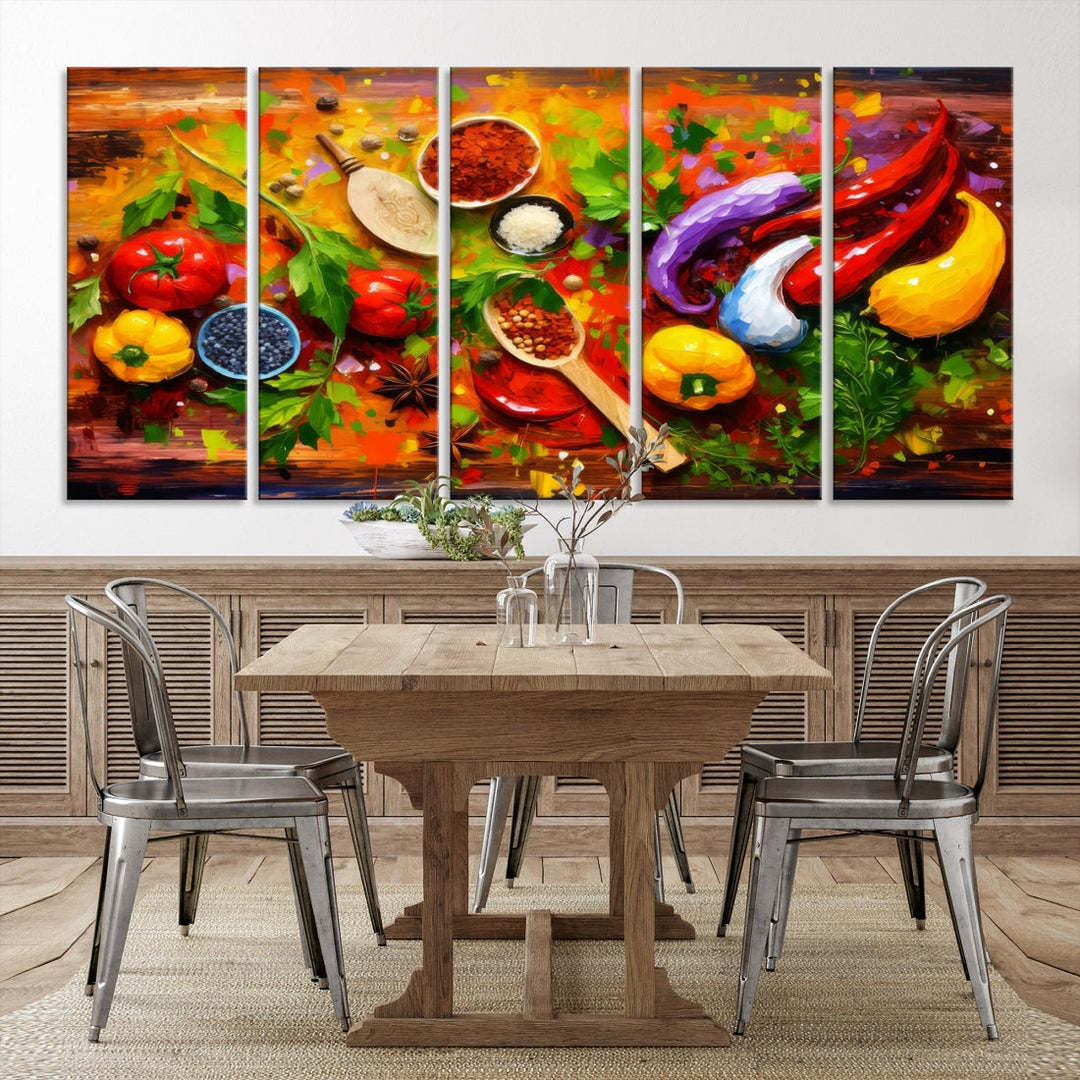 The "Herbs and Spices Culinary Art Foodie Kitchen Art" is a vibrant three-panel painting depicting various vegetables and spices on a wooden background, crafted on museum-quality canvas.