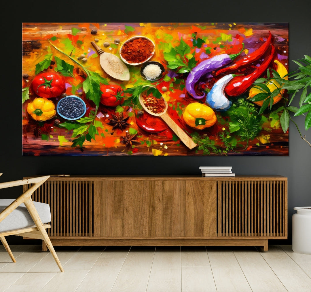 The "Herbs and Spices Culinary Art Foodie Kitchen Art" is a vibrant three-panel painting depicting various vegetables and spices on a wooden background, crafted on museum-quality canvas.