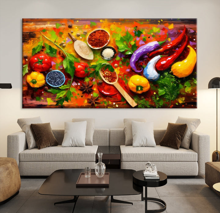 The "Herbs and Spices Culinary Art Foodie Kitchen Art" is a vibrant three-panel painting depicting various vegetables and spices on a wooden background, crafted on museum-quality canvas.