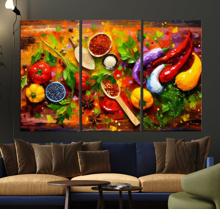 The "Herbs and Spices Culinary Art Foodie Kitchen Art" is a vibrant three-panel painting depicting various vegetables and spices on a wooden background, crafted on museum-quality canvas.