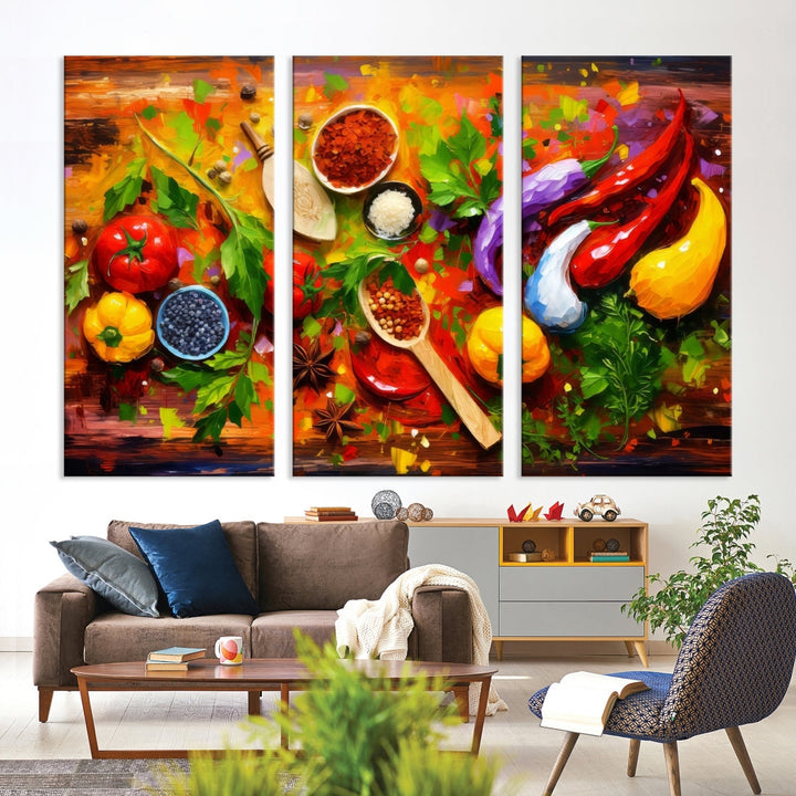 The "Herbs and Spices Culinary Art Foodie Kitchen Art" is a vibrant three-panel painting depicting various vegetables and spices on a wooden background, crafted on museum-quality canvas.