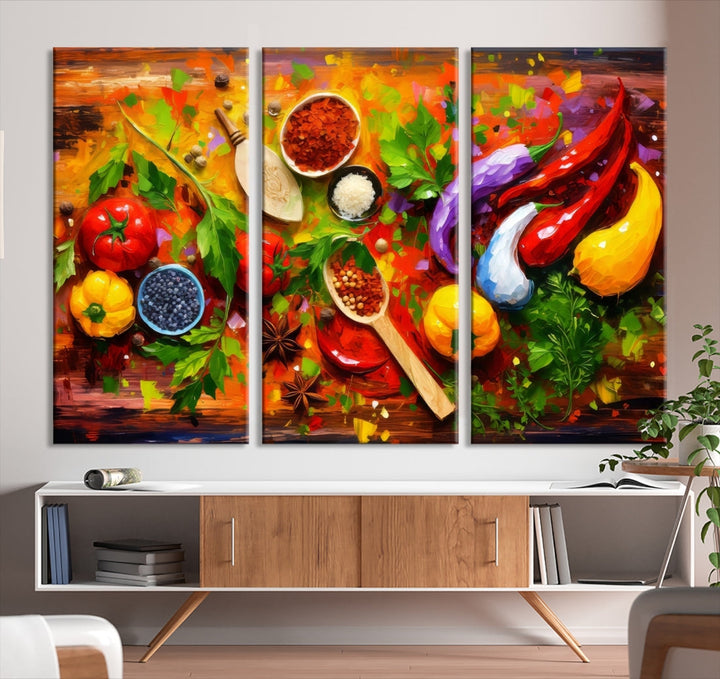 The "Herbs and Spices Culinary Art Foodie Kitchen Art" is a vibrant three-panel painting depicting various vegetables and spices on a wooden background, crafted on museum-quality canvas.