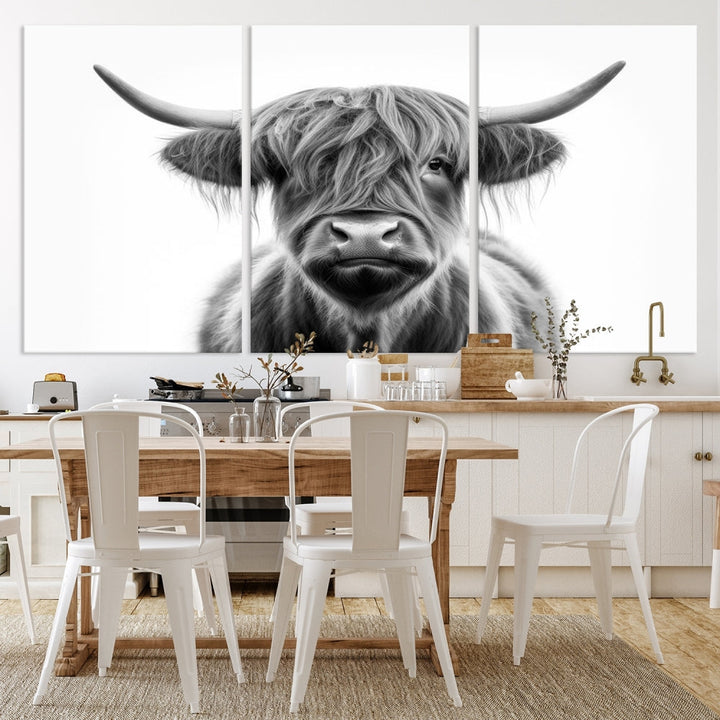 A three-panel wall art from the Highland Cow Animal Canvas series showcases a long-haired, large-horned cow. This Texas Cattle Art Print is crafted on museum-quality canvas with a UV-protective coating, making it an ideal addition to transform your living room.