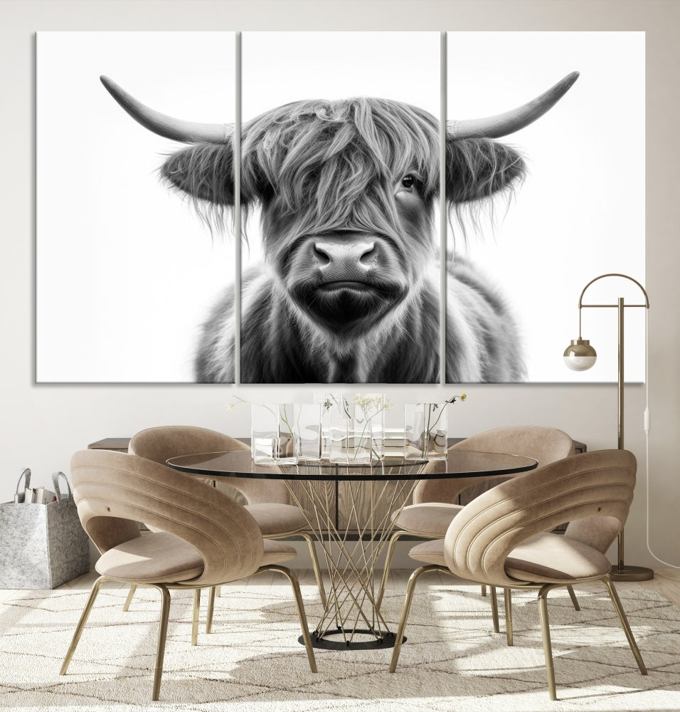 A three-panel wall art from the Highland Cow Animal Canvas series showcases a long-haired, large-horned cow. This Texas Cattle Art Print is crafted on museum-quality canvas with a UV-protective coating, making it an ideal addition to transform your living room.