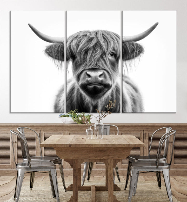 A three-panel wall art from the Highland Cow Animal Canvas series showcases a long-haired, large-horned cow. This Texas Cattle Art Print is crafted on museum-quality canvas with a UV-protective coating, making it an ideal addition to transform your living room.