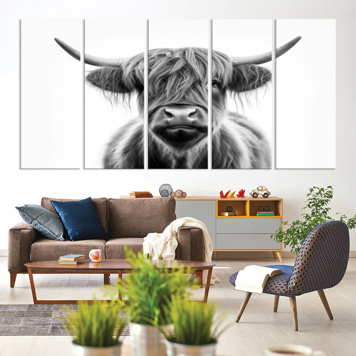 A three-panel wall art from the Highland Cow Animal Canvas series showcases a long-haired, large-horned cow. This Texas Cattle Art Print is crafted on museum-quality canvas with a UV-protective coating, making it an ideal addition to transform your living room.