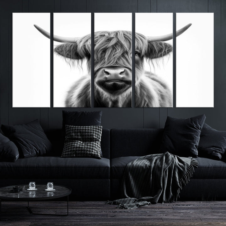 A three-panel wall art from the Highland Cow Animal Canvas series showcases a long-haired, large-horned cow. This Texas Cattle Art Print is crafted on museum-quality canvas with a UV-protective coating, making it an ideal addition to transform your living room.