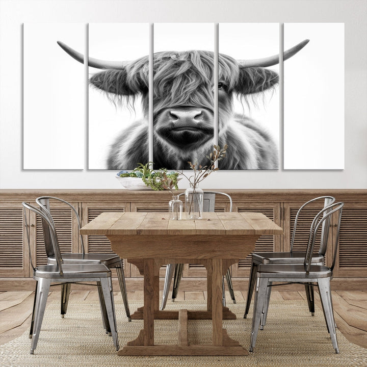 A three-panel wall art from the Highland Cow Animal Canvas series showcases a long-haired, large-horned cow. This Texas Cattle Art Print is crafted on museum-quality canvas with a UV-protective coating, making it an ideal addition to transform your living room.