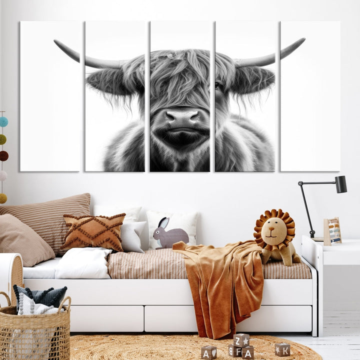 A three-panel wall art from the Highland Cow Animal Canvas series showcases a long-haired, large-horned cow. This Texas Cattle Art Print is crafted on museum-quality canvas with a UV-protective coating, making it an ideal addition to transform your living room.