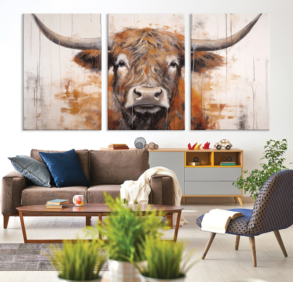 Hanging above is the impressive Highland Cow Canvas Wall Art Print, a piece of farmhouse-inspired decor in a bold artistic style.