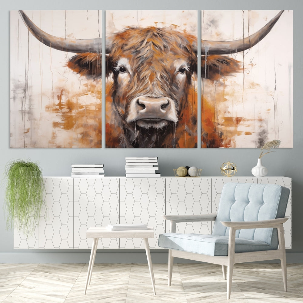 Hanging above is the impressive Highland Cow Canvas Wall Art Print, a piece of farmhouse-inspired decor in a bold artistic style.