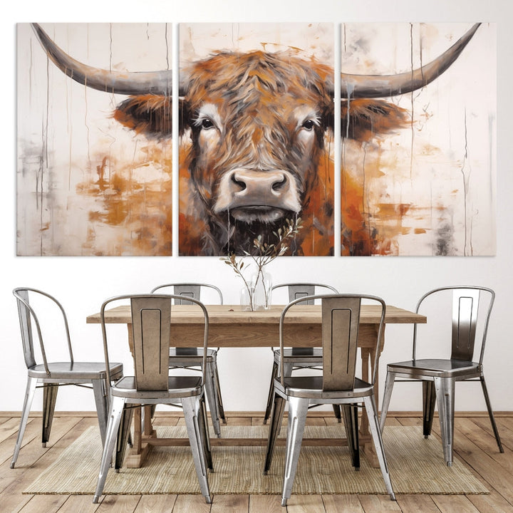 Hanging above is the impressive Highland Cow Canvas Wall Art Print, a piece of farmhouse-inspired decor in a bold artistic style.