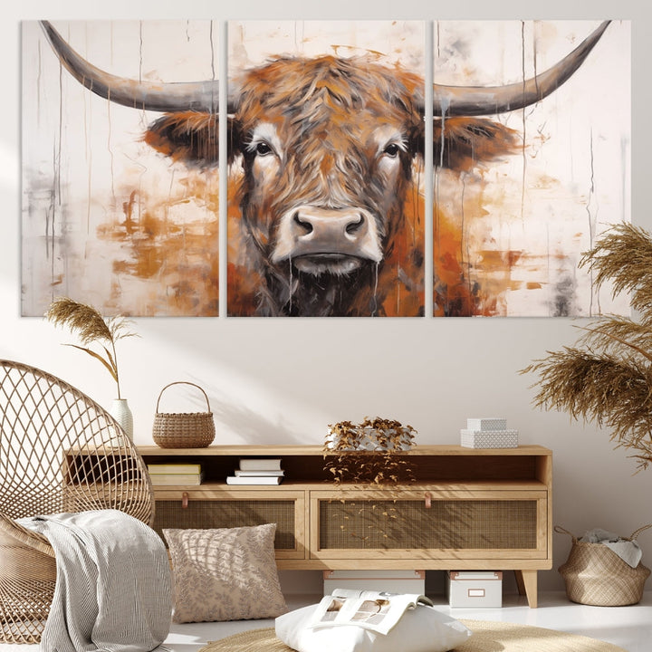 Hanging above is the impressive Highland Cow Canvas Wall Art Print, a piece of farmhouse-inspired decor in a bold artistic style.