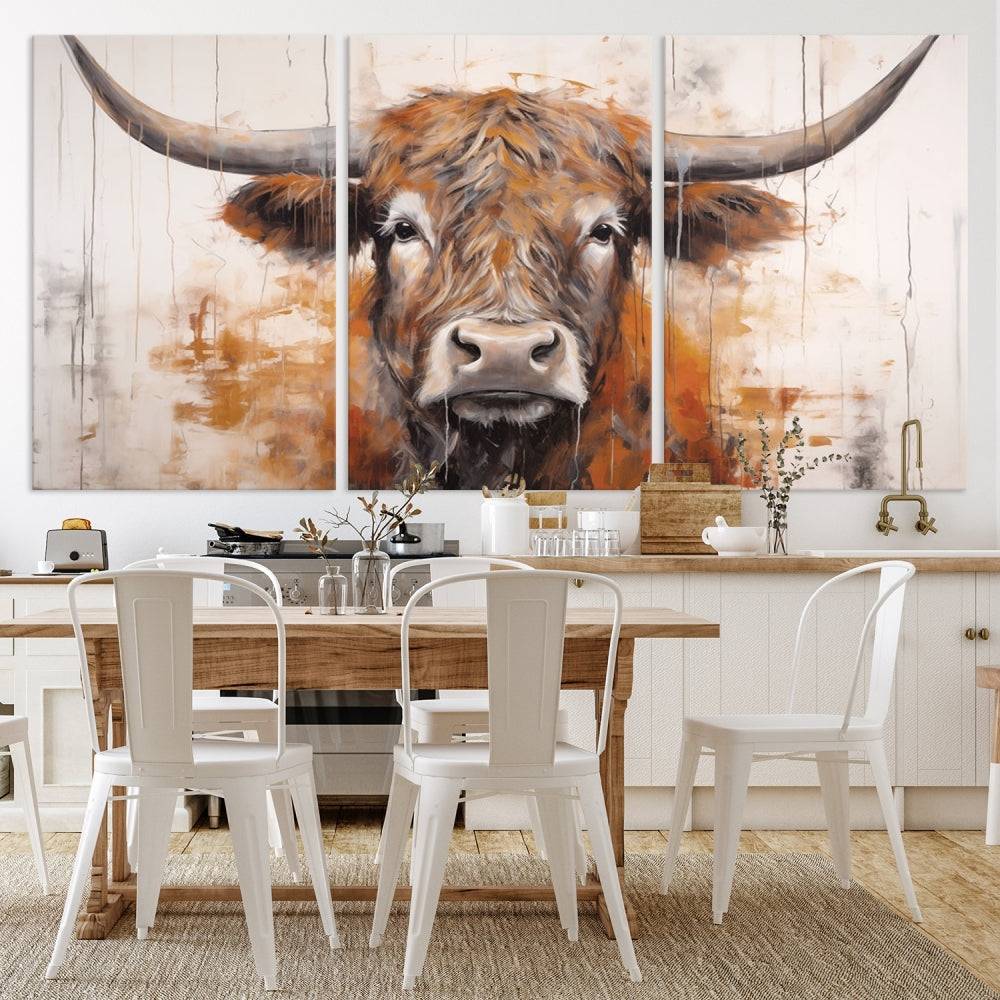 Hanging above is the impressive Highland Cow Canvas Wall Art Print, a piece of farmhouse-inspired decor in a bold artistic style.