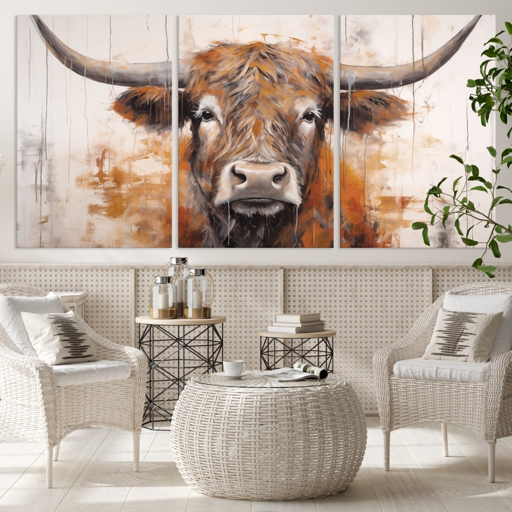 Hanging above is the impressive Highland Cow Canvas Wall Art Print, a piece of farmhouse-inspired decor in a bold artistic style.