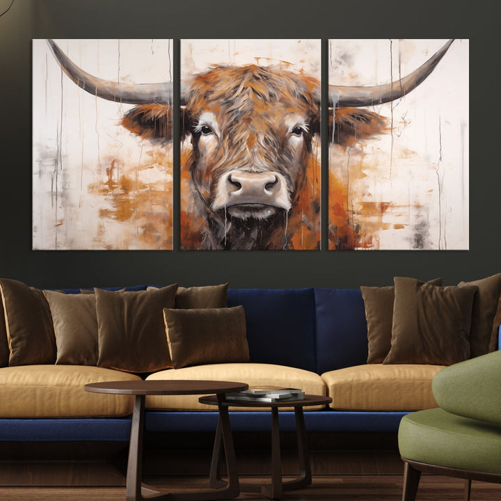 Hanging above is the impressive Highland Cow Canvas Wall Art Print, a piece of farmhouse-inspired decor in a bold artistic style.