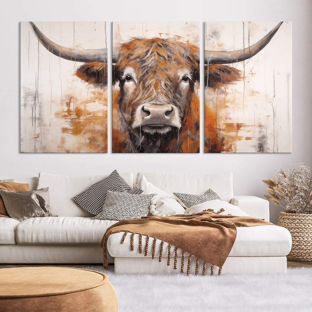 Hanging above is the impressive Highland Cow Canvas Wall Art Print, a piece of farmhouse-inspired decor in a bold artistic style.