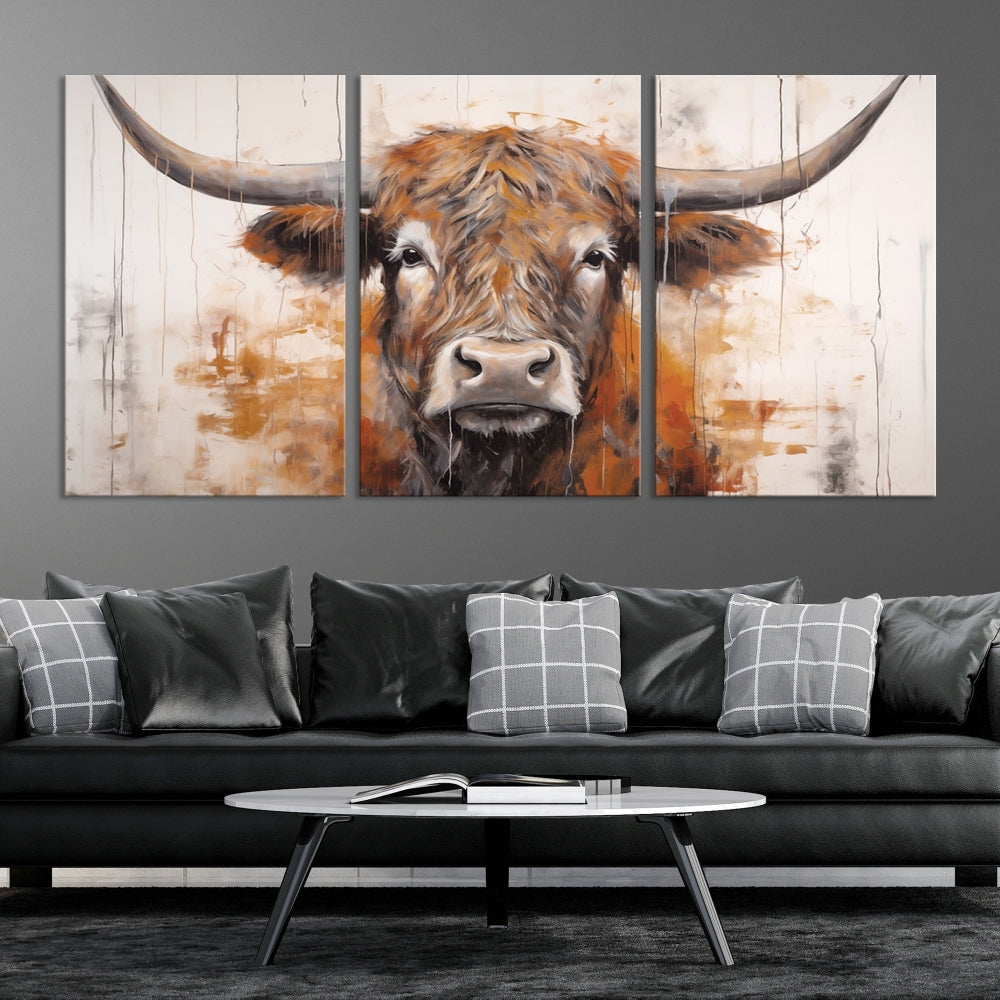 Hanging above is the impressive Highland Cow Canvas Wall Art Print, a piece of farmhouse-inspired decor in a bold artistic style.