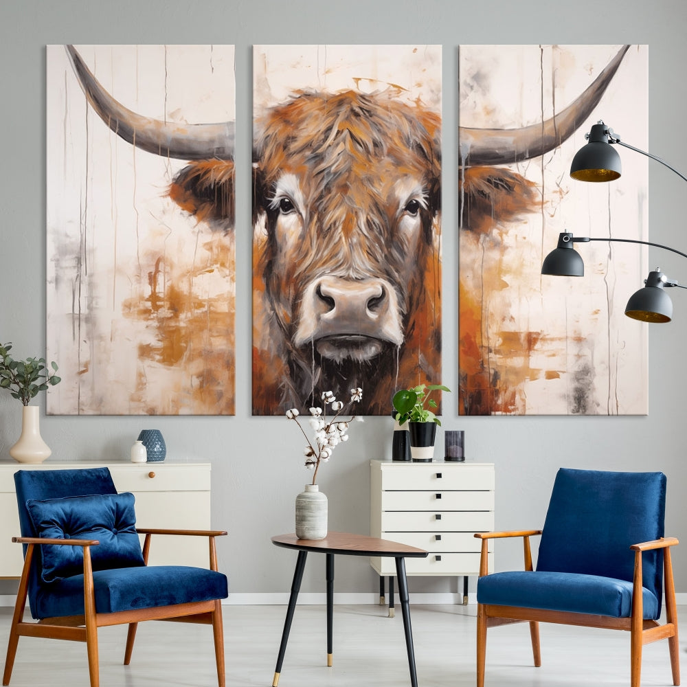 Hanging above is the impressive Highland Cow Canvas Wall Art Print, a piece of farmhouse-inspired decor in a bold artistic style.