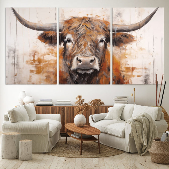 Hanging above is the impressive Highland Cow Canvas Wall Art Print, a piece of farmhouse-inspired decor in a bold artistic style.