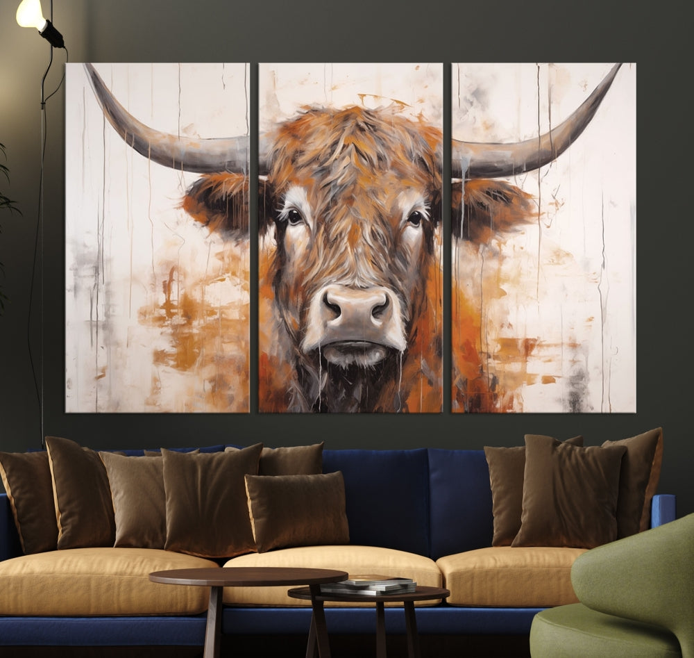 Hanging above is the impressive Highland Cow Canvas Wall Art Print, a piece of farmhouse-inspired decor in a bold artistic style.