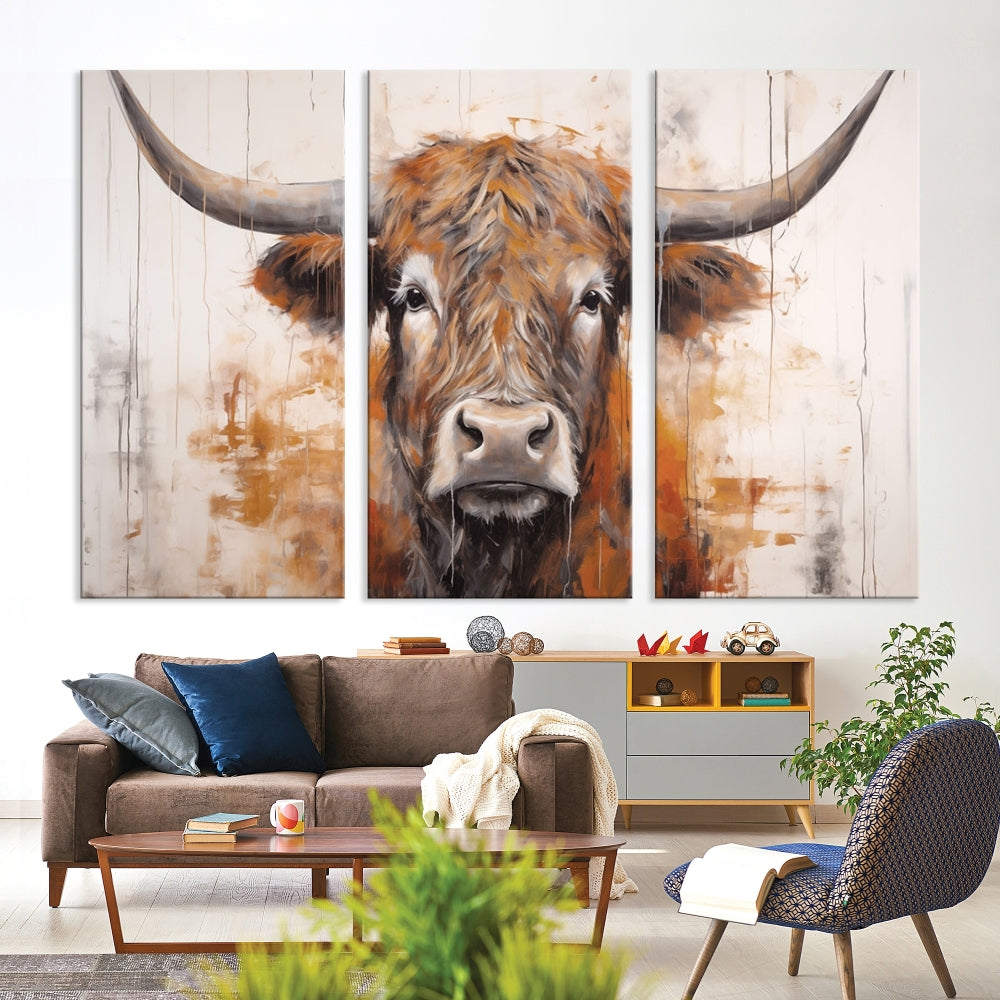 Hanging above is the impressive Highland Cow Canvas Wall Art Print, a piece of farmhouse-inspired decor in a bold artistic style.