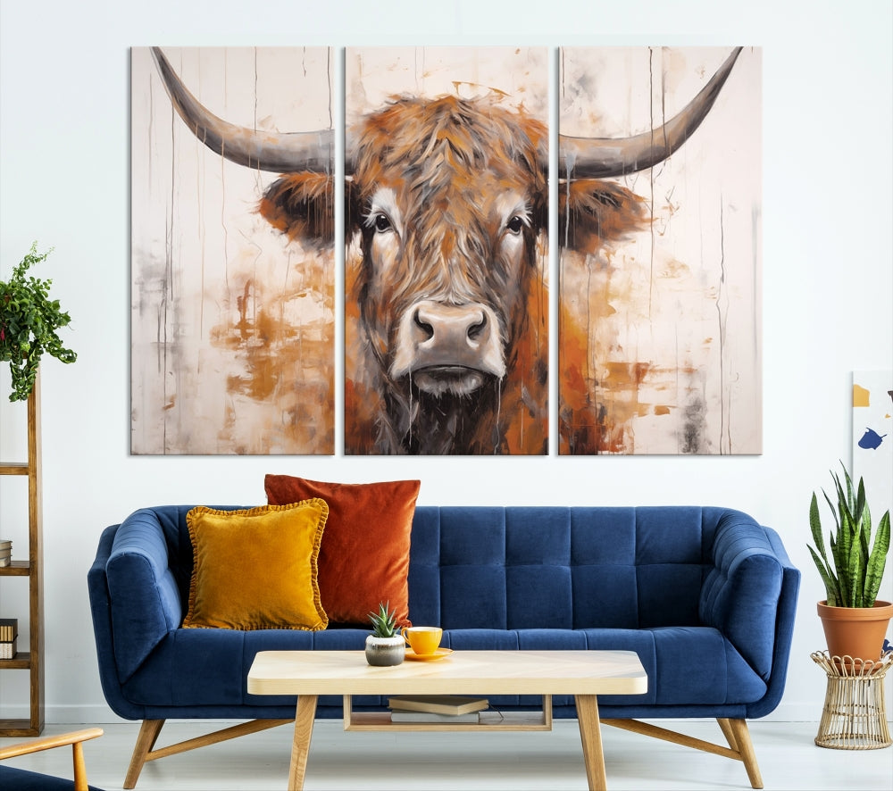 Hanging above is the impressive Highland Cow Canvas Wall Art Print, a piece of farmhouse-inspired decor in a bold artistic style.