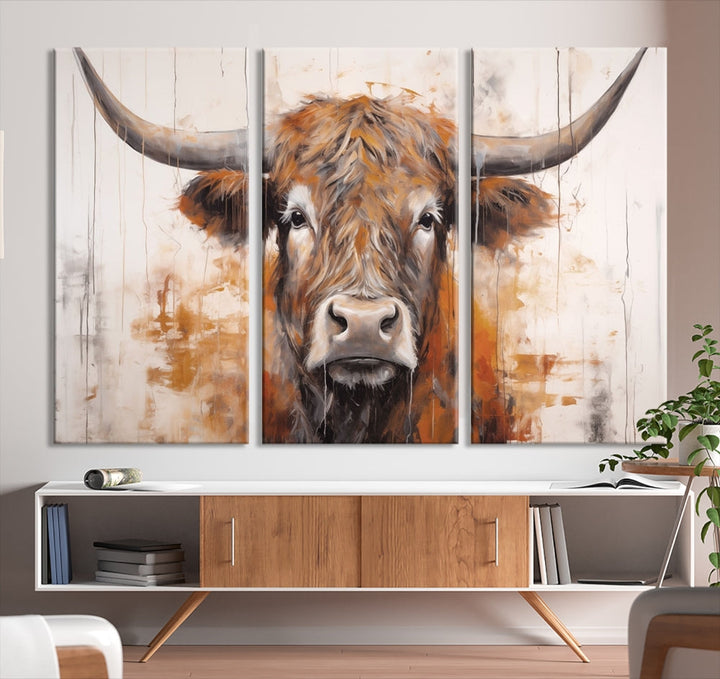 Hanging above is the impressive Highland Cow Canvas Wall Art Print, a piece of farmhouse-inspired decor in a bold artistic style.