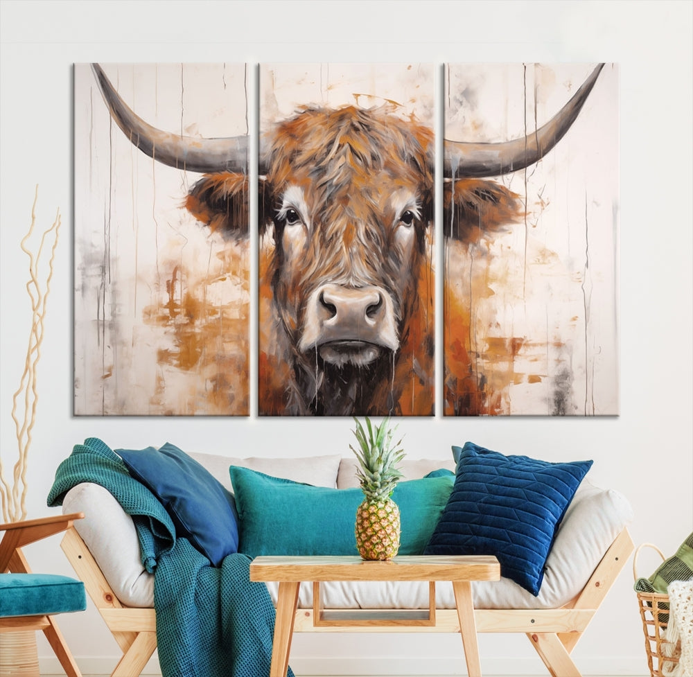 Hanging above is the impressive Highland Cow Canvas Wall Art Print, a piece of farmhouse-inspired decor in a bold artistic style.