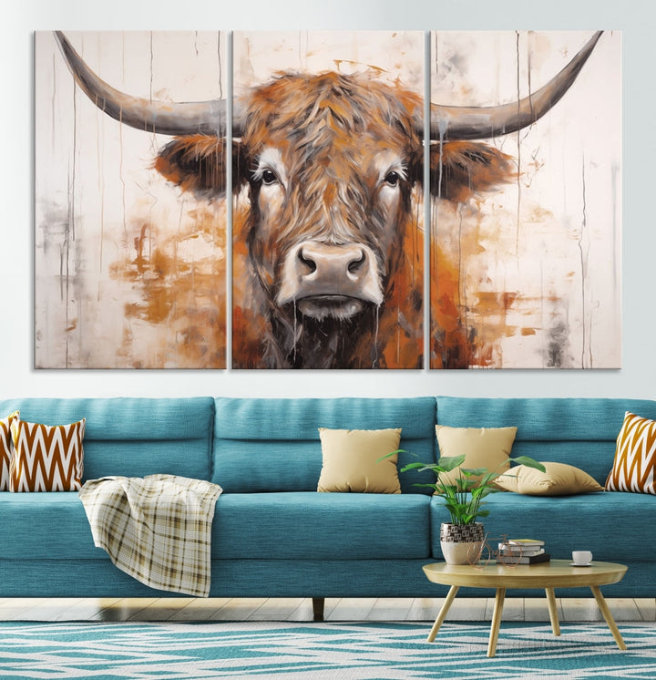 Hanging above is the impressive Highland Cow Canvas Wall Art Print, a piece of farmhouse-inspired decor in a bold artistic style.